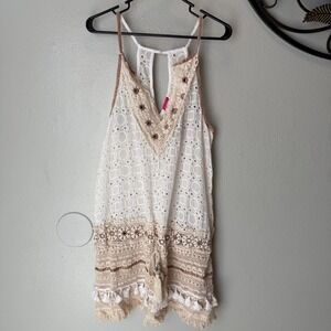 Ranees Boho Eyelet Crochet Tassel Romper Beige Lace Trim Sheer Festival Beach